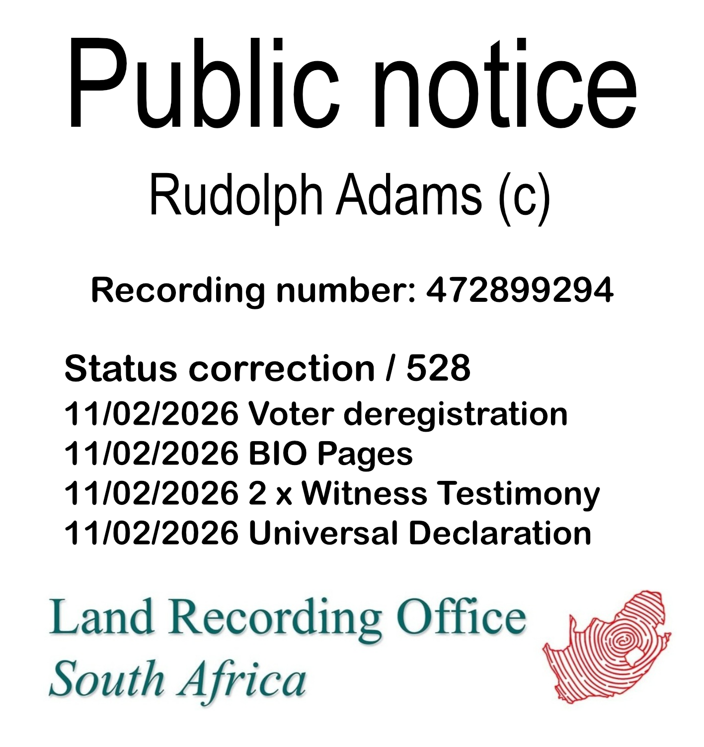 Public notice Rudolph Adams (c) Recording number 472899294